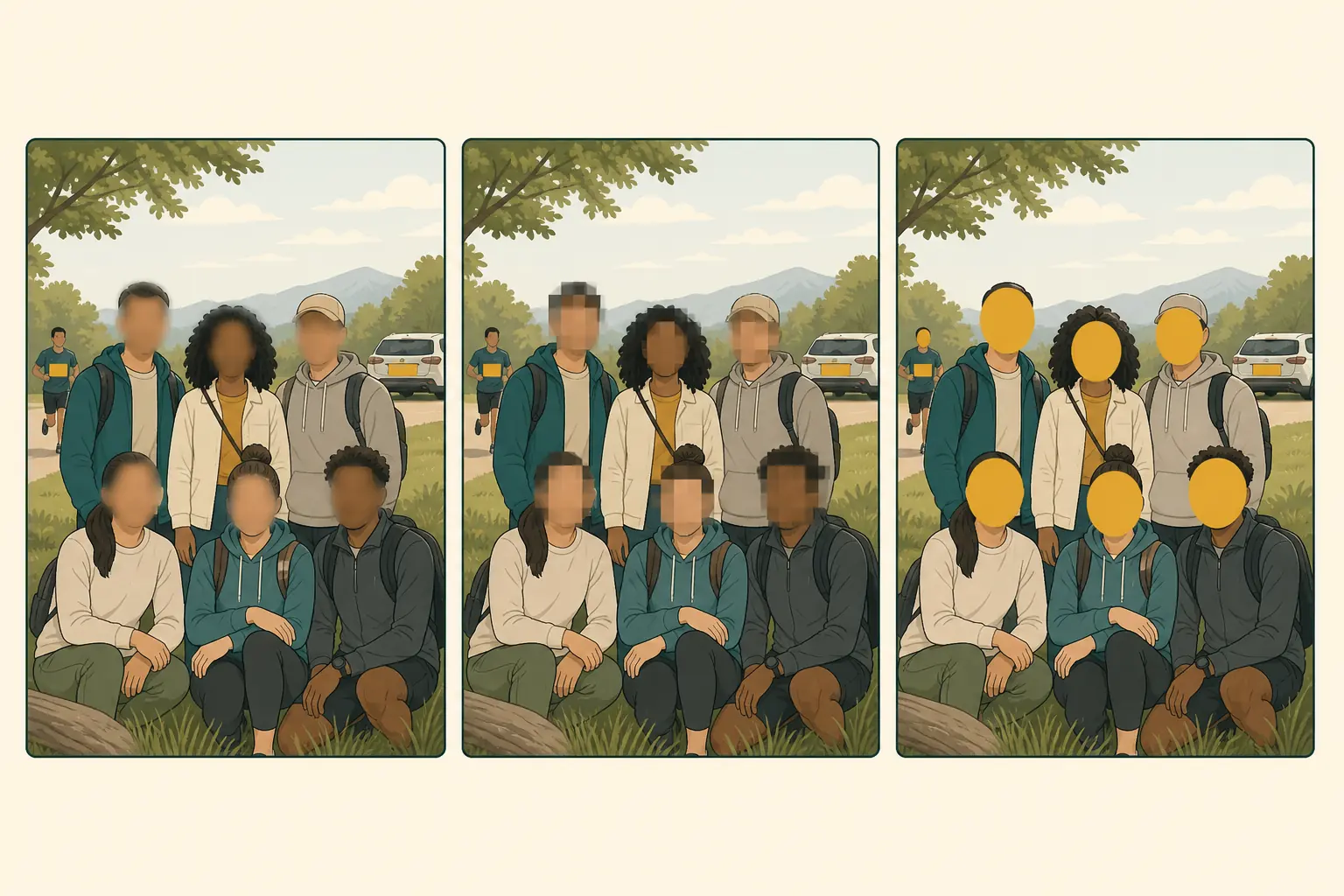Una misma foto de grupo tratada de tres formas, con desenfoque, con mosaico grueso y con relleno sólido sobre los rostros, además de un dorsal y una matrícula tapados al fondo.